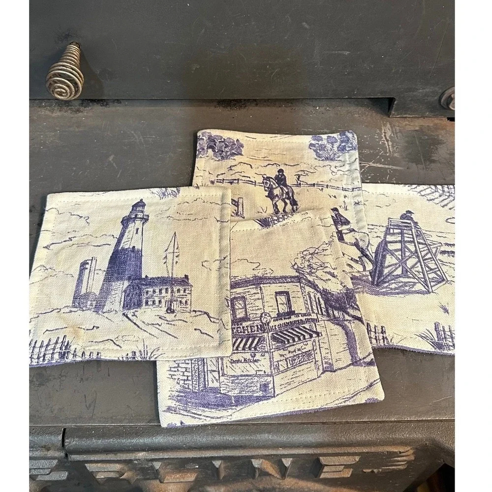 Sonia O'Mara NYC Fabric Toile Coasters Set of‎ 4 Blue White Lighthouse Horse
